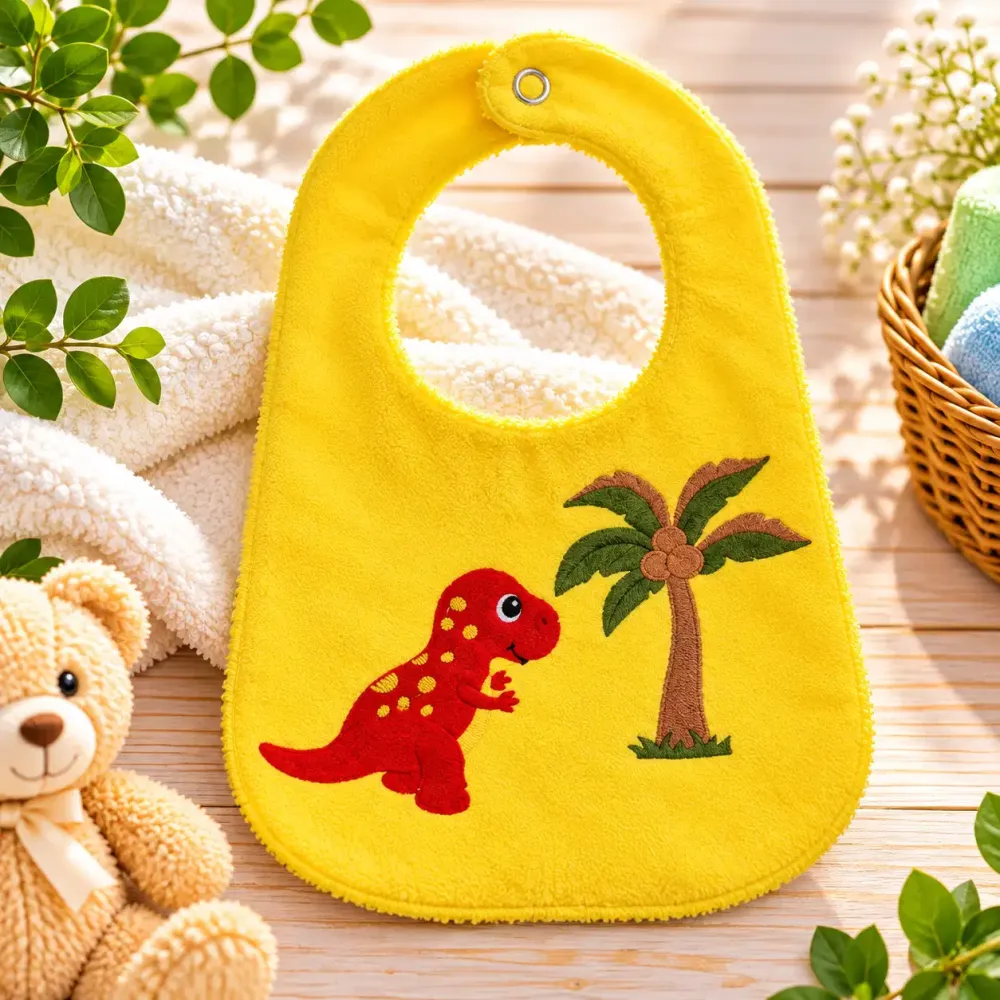 Baby Lätzchen Dinosaurier und Palmen mit gelber Frottee Rückseite