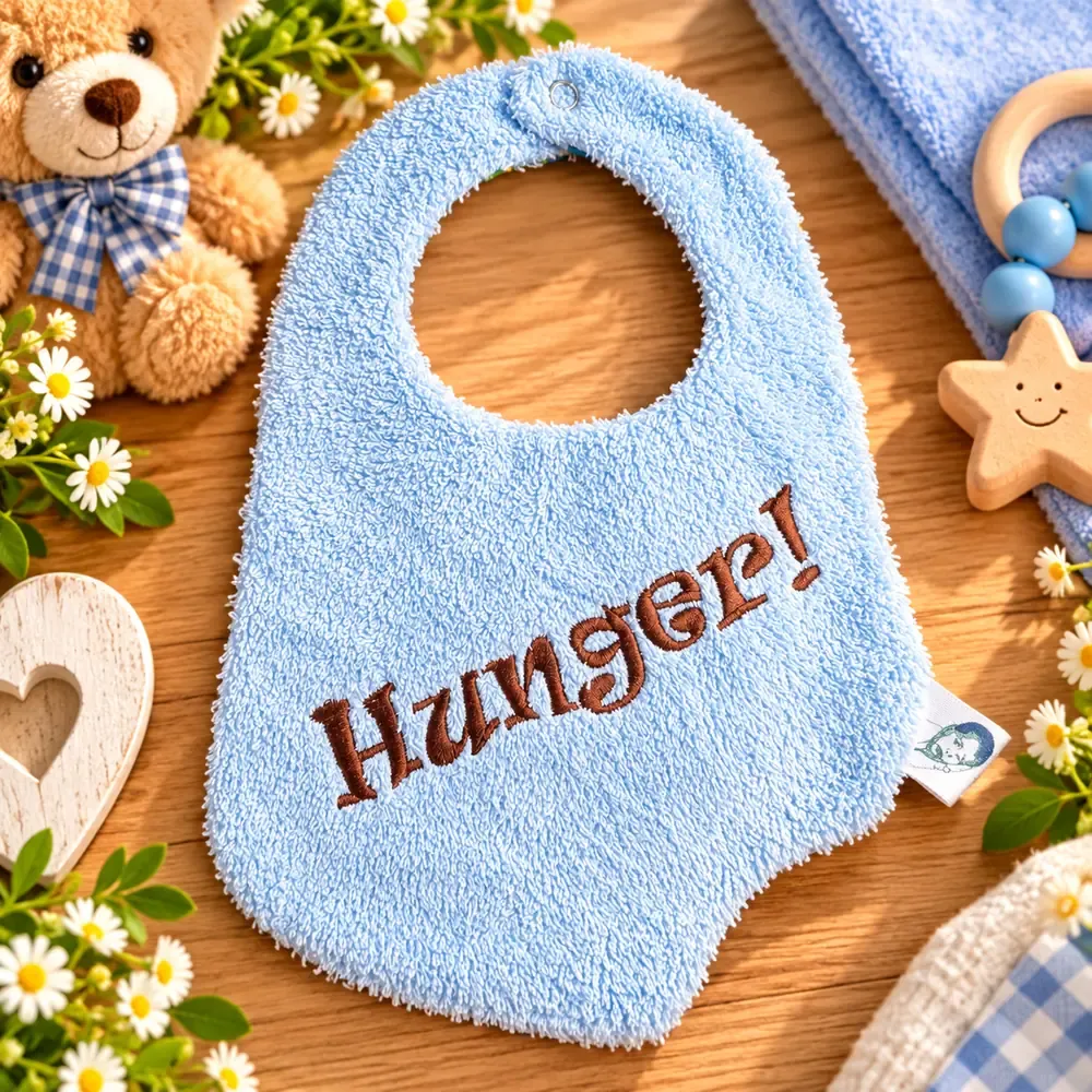 Hellblaues Baby-Lätzchen aus Frottee mit braun gesticktem Schriftzug Hunger und Druckknopf