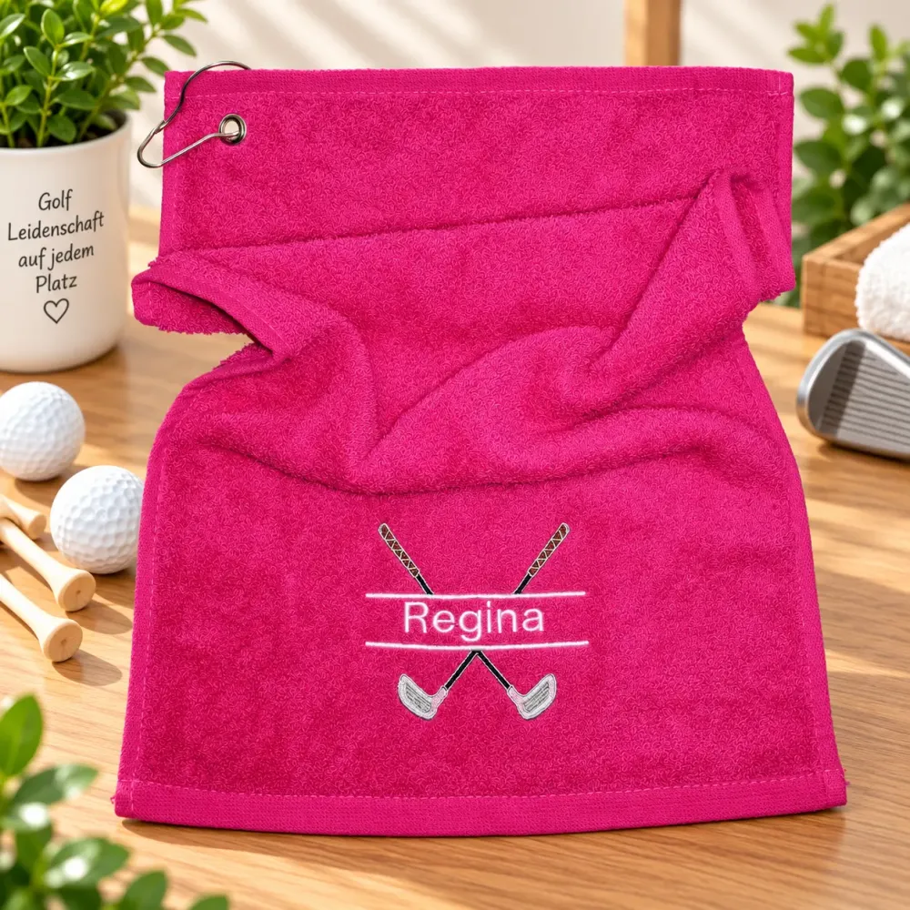 Golfhandtuch mit Namen und Golfschlägern personalisiert bestickt