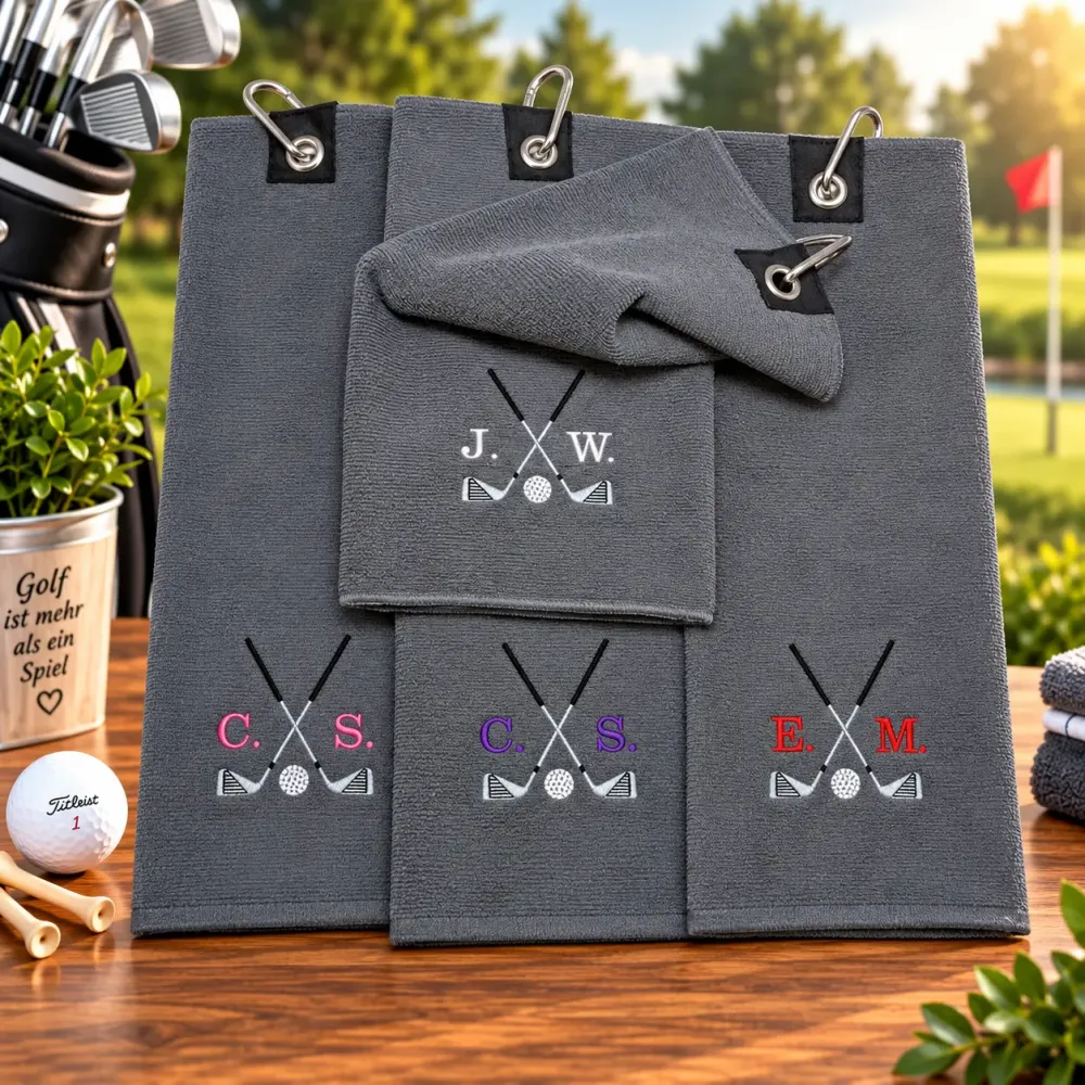 Golfhandtuch Microfaser Grau Personalisiert mit Golfmotiv