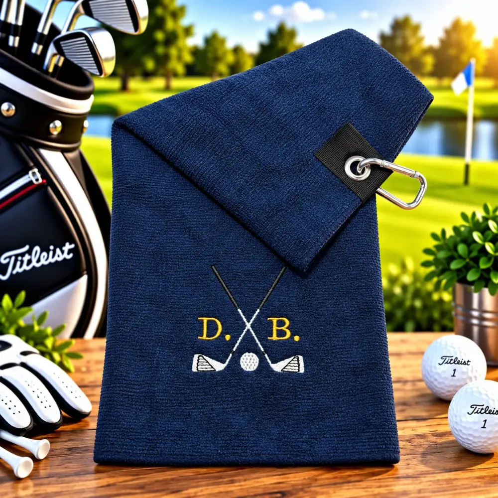 Golfhandtuch Microfaser Marineblau Personalisiert mit Golfmotiv