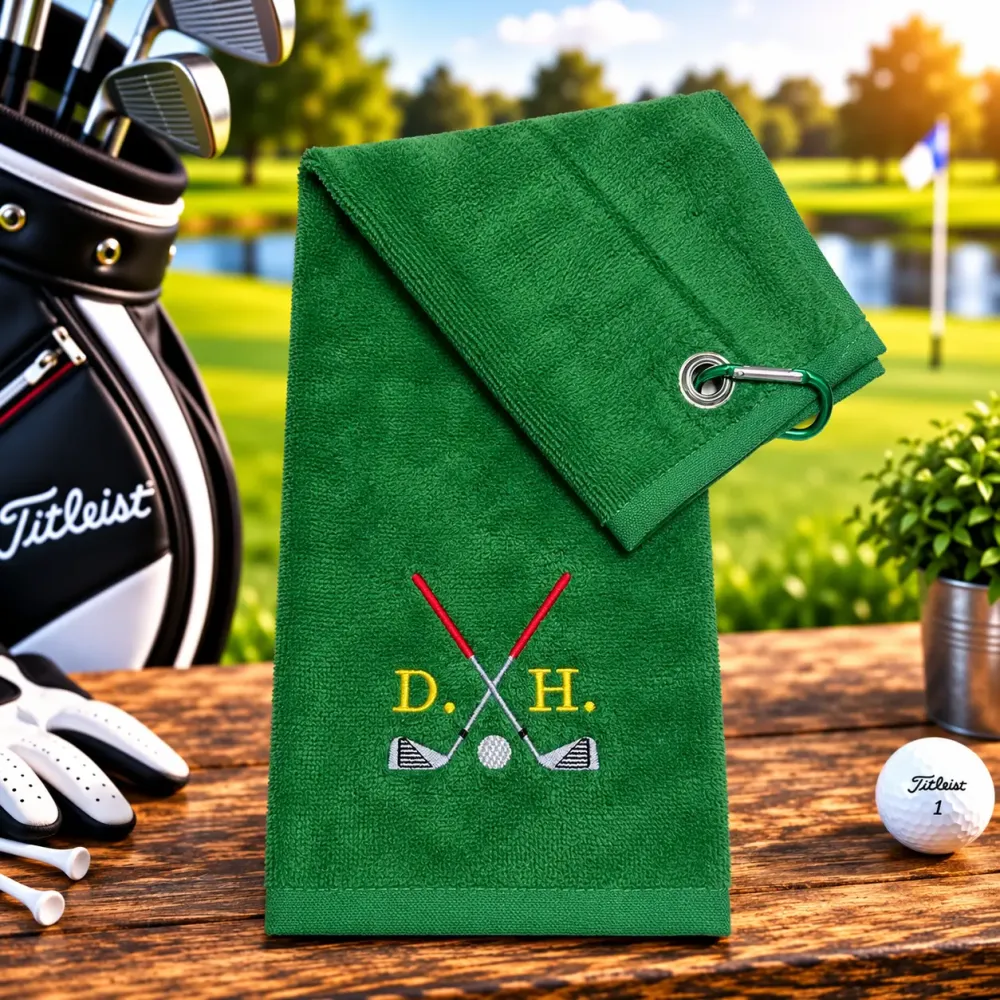 Golfhandtuch Dunkelgrün Personalisiert mit Golfschläger und Initialen