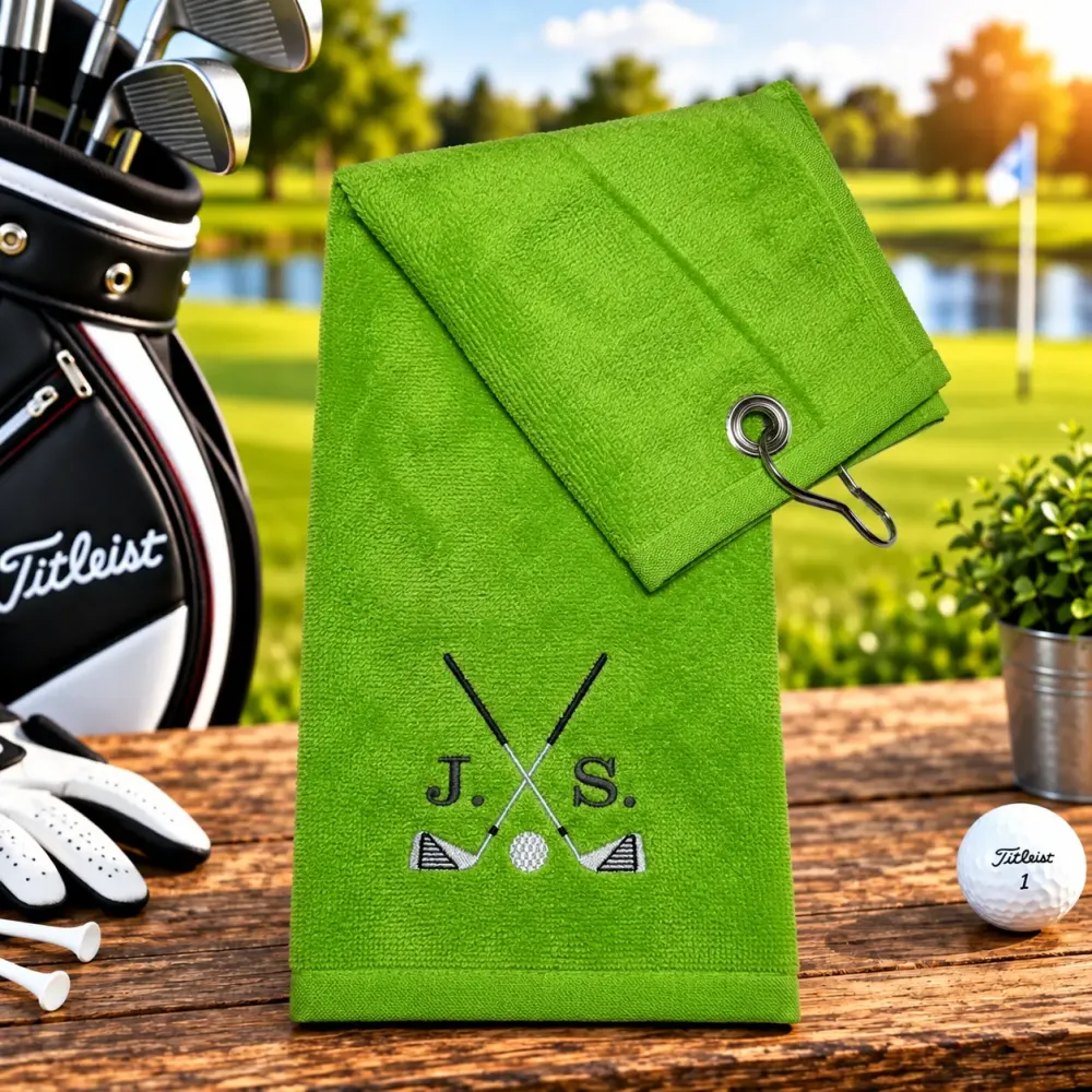 Golfhandtuch Hellgrün Personalisiert mit Golfschläger und Initialen