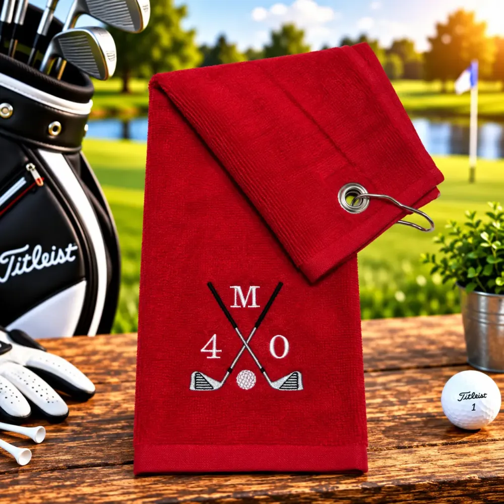 Golfhandtuch Rot Personalisiert mit Golfschläger und Datum