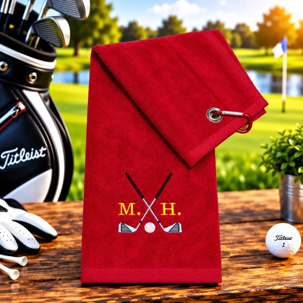 Golfhandtuch Rot Personalisiert mit Golfschläger und Initialen