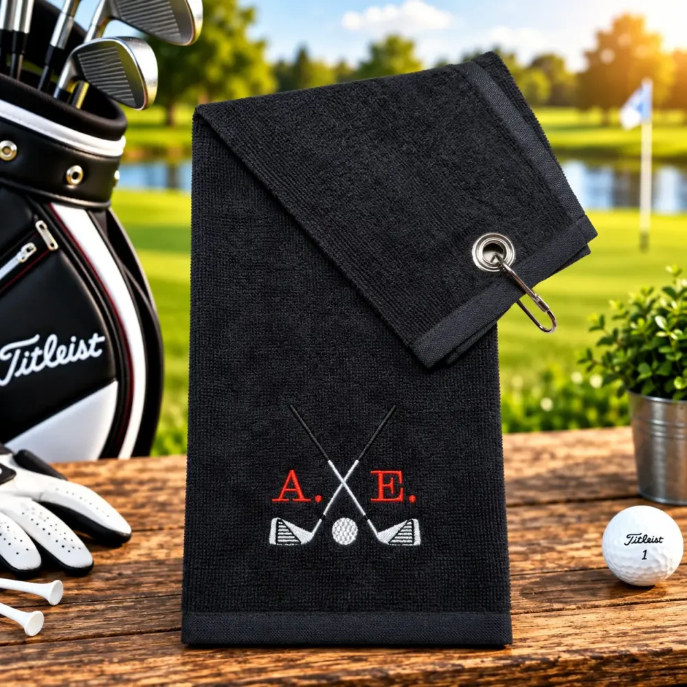 Golfhandtuch Schwarzes Personalisiert mit Golfschläger und Initialen