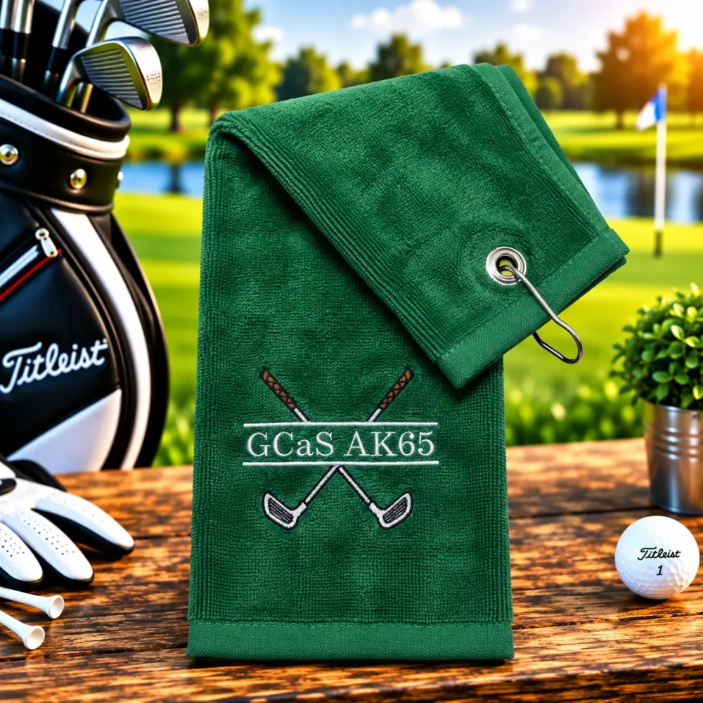 Golfhandtuch Dunkelgrün Personalisiert mit Golfschläger und Namen