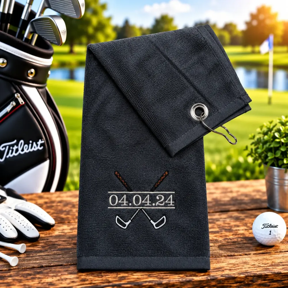 Golfhandtuch Grau Personalisiert mit Golfschläger und Datum