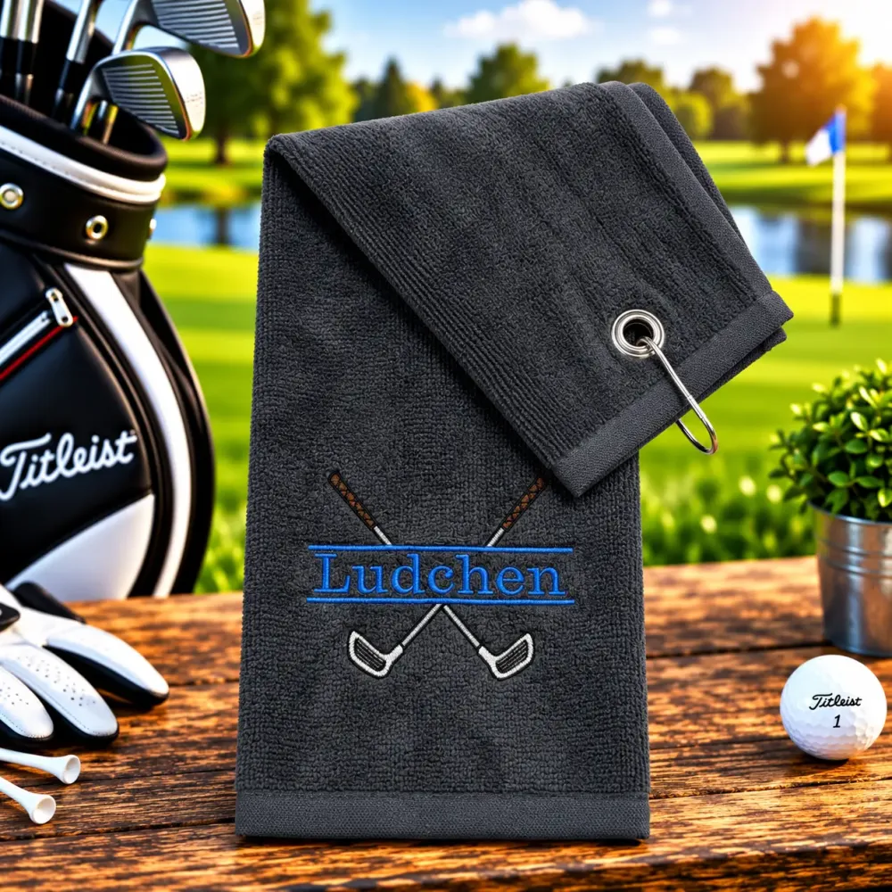 Golfhandtuch Grau Personalisiert mit Golfschläger und Namen