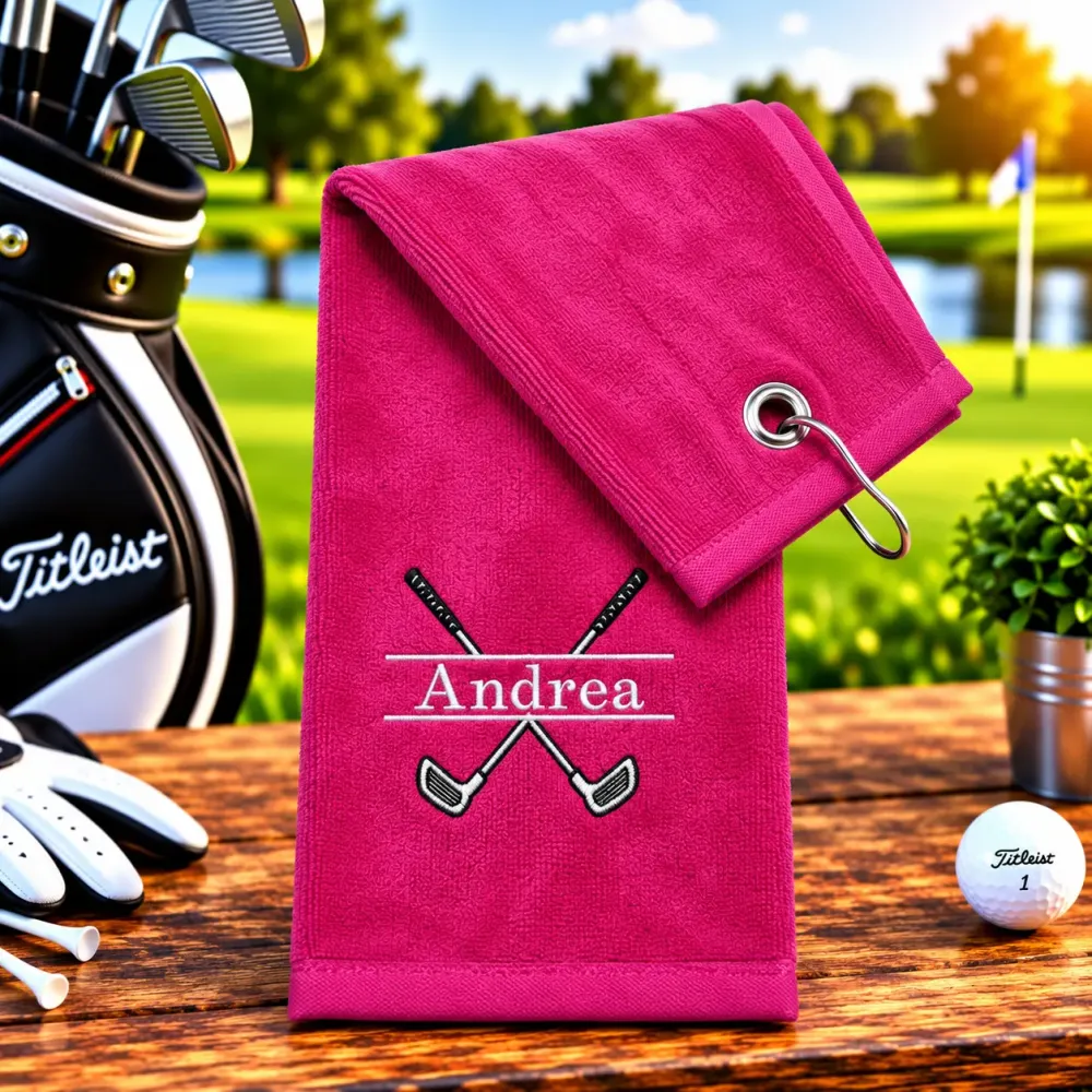 Golfhandtuch Pink Personalisiert mit Golfschläger und Namen