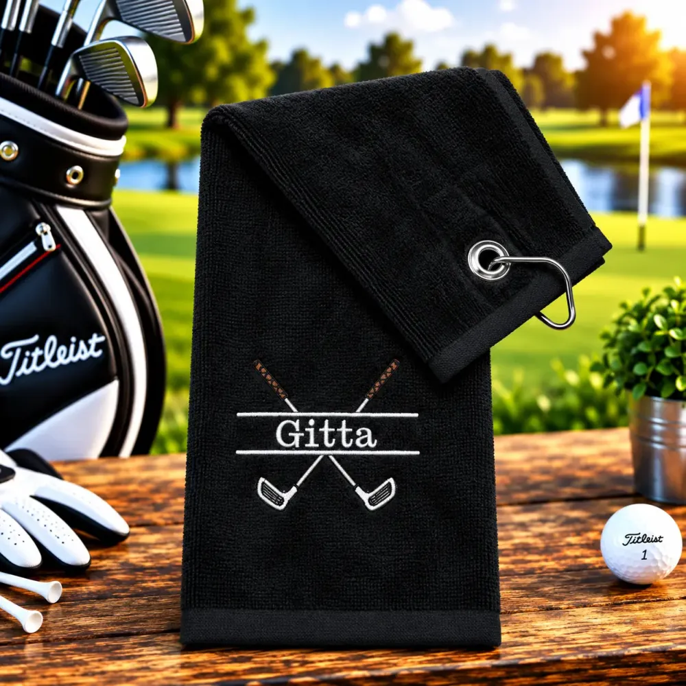 Golfhandtuch Schwarz Personalisiert mit Golfschläger und Namen