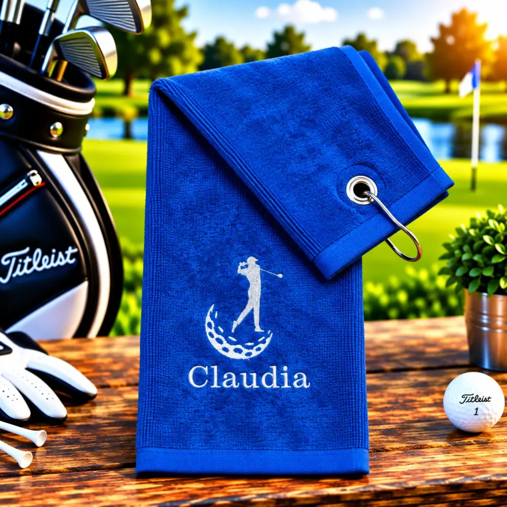 Golfhandtuch Dunkelblau Personalisiert mit Golfer und Namen