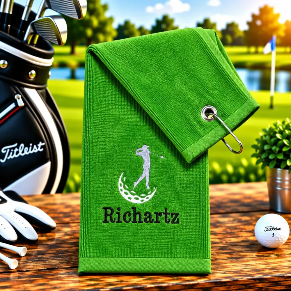 Golfhandtuch Hellgrün Personalisiert mit Golfer und Namen