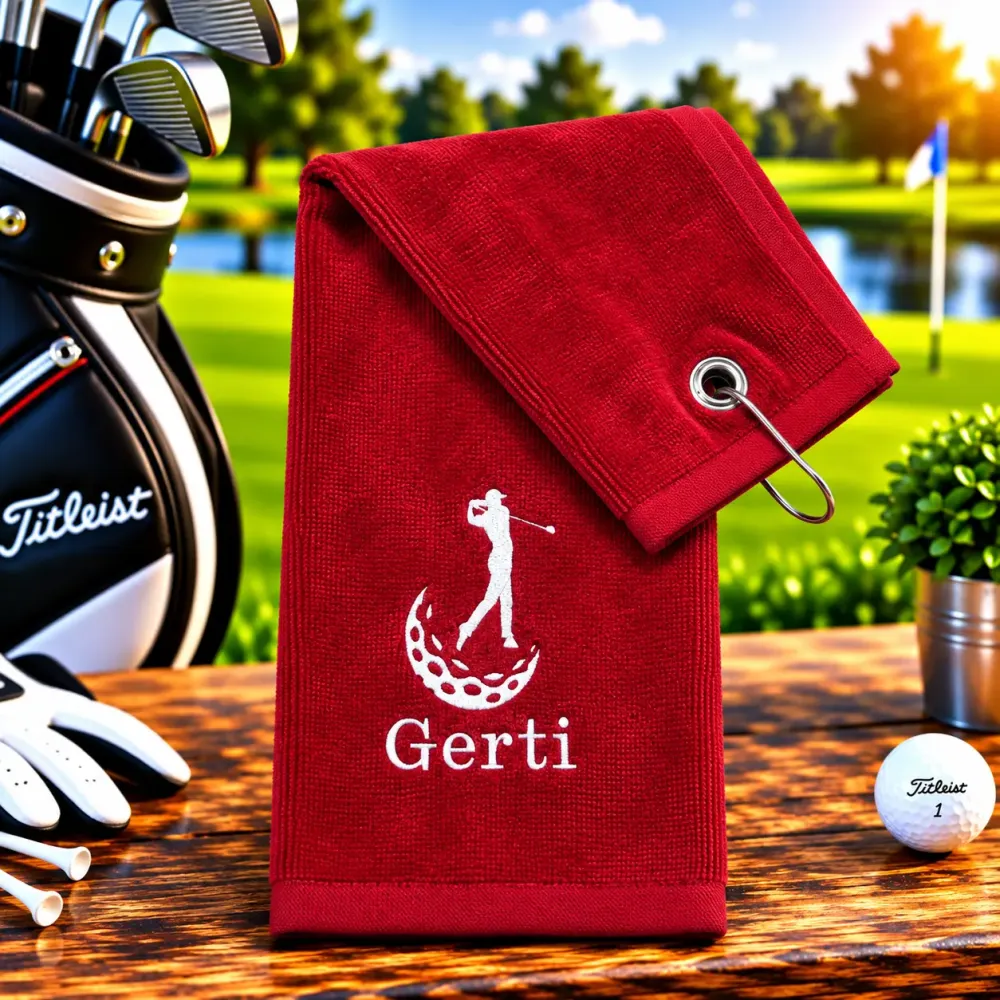 Golfhandtuch Rot Personalisiert mit Golfer und Namen