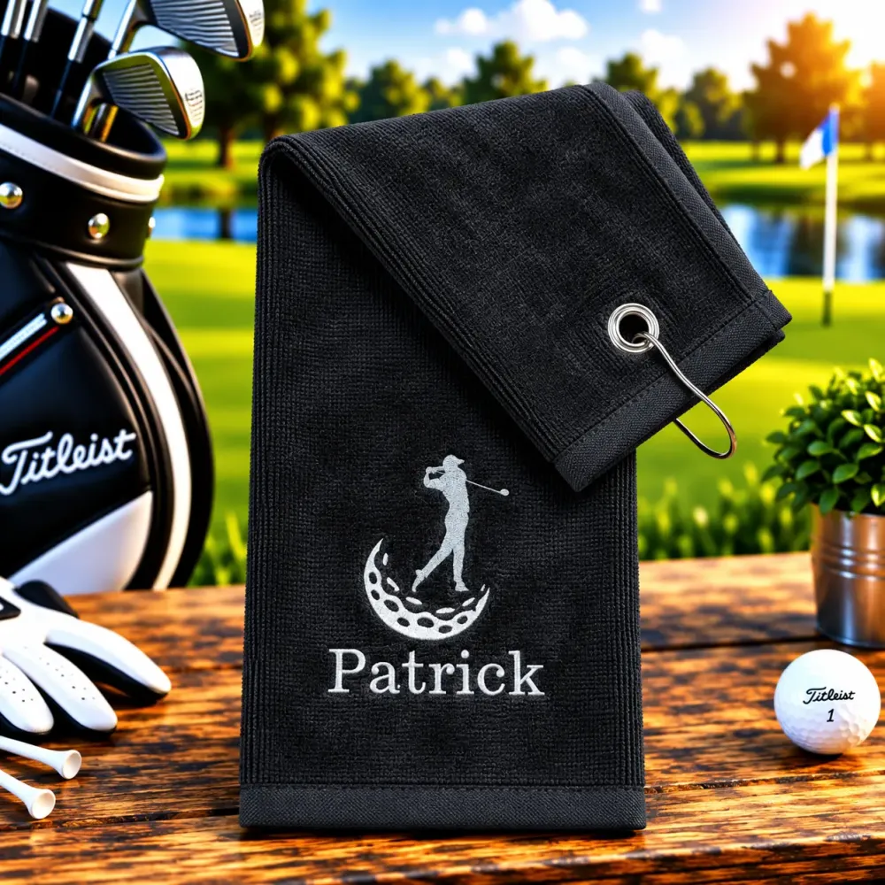 Golfhandtuch Schwarz Personalisiert mit Golfer und Namen