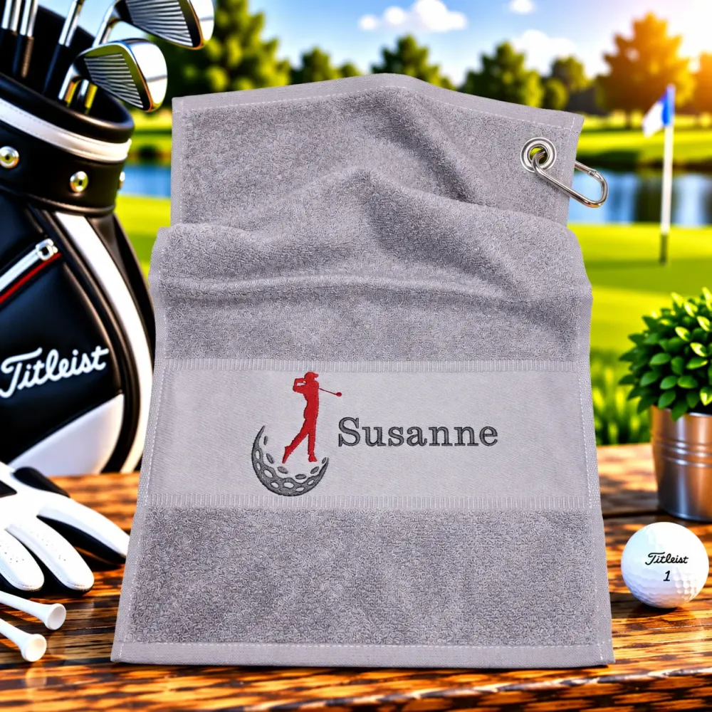 Personalisiertes Golfhandtuch in Mittelgrau mit Golferin und Wunschname