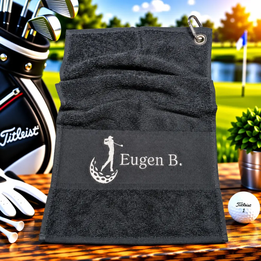 Personalisiertes Golfhandtuch in Schwarz mit Golferin und Namen