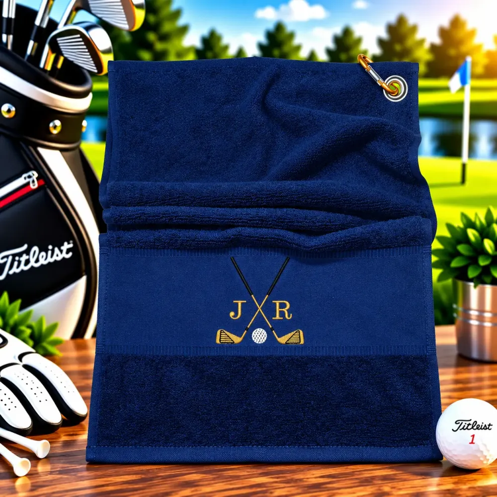 Golfhandtuch Marineblau Golfschläger in Goldfarbe Personalisiert mit Initialen
