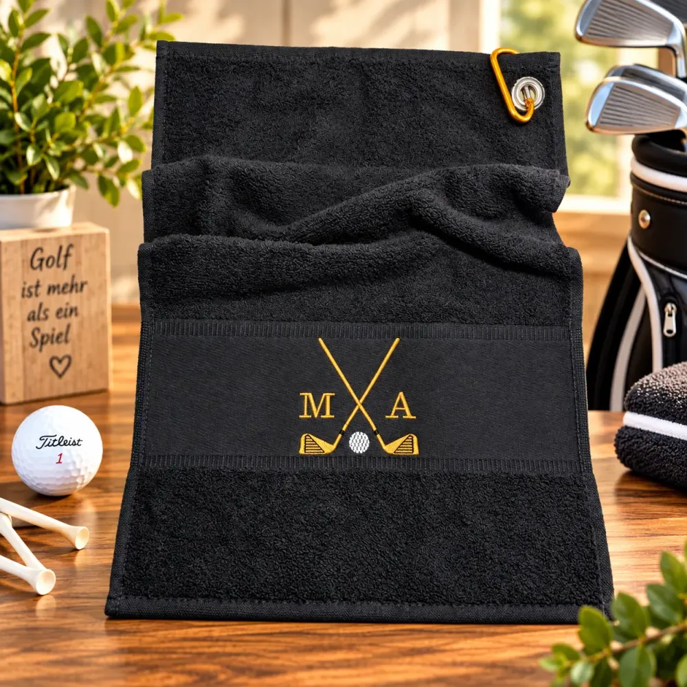 Golfhandtuch Schwarz Golfschläger in Goldfarbe Personalisiert mit Initialen