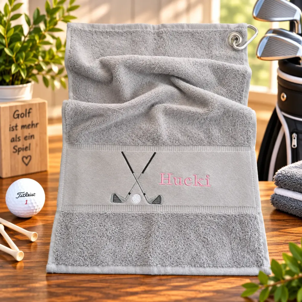 Golfhandtuch Hellgrau mit Name