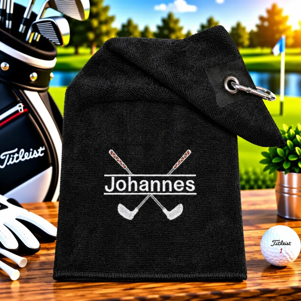 Golfhandtuch Microfaser Schwarz Personalisiert mit Namen
