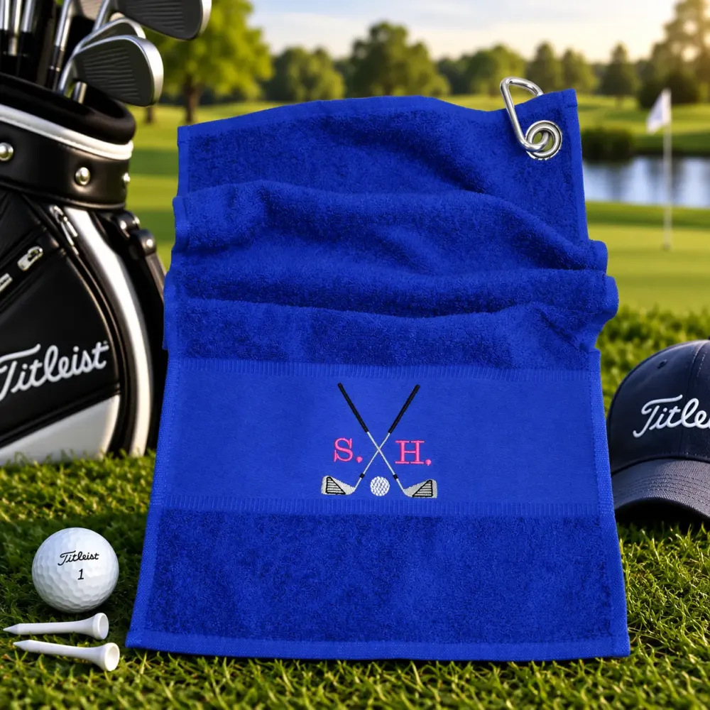 Golfhandtuch Blau Personalisiert mit Golfmotiv und Initialen