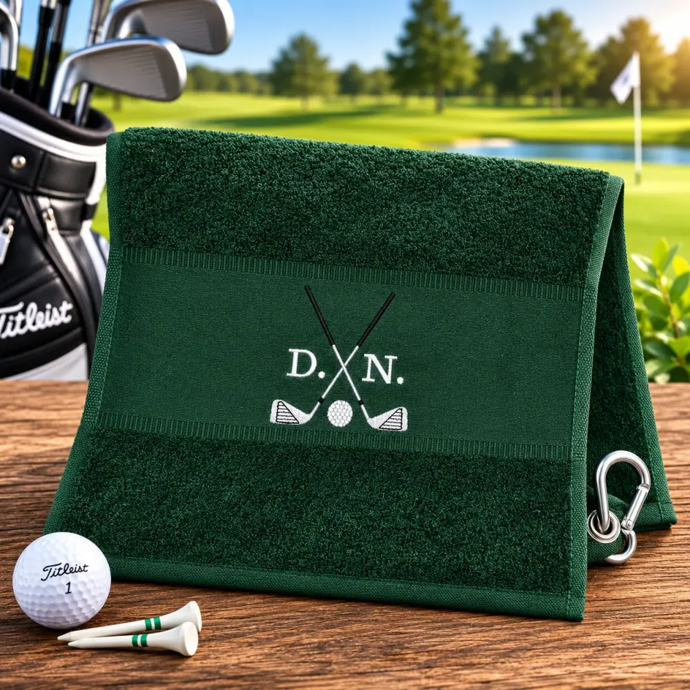 Golfhandtuch Dunkelgrün Personalisiert mit Golfmotiv und Initialen