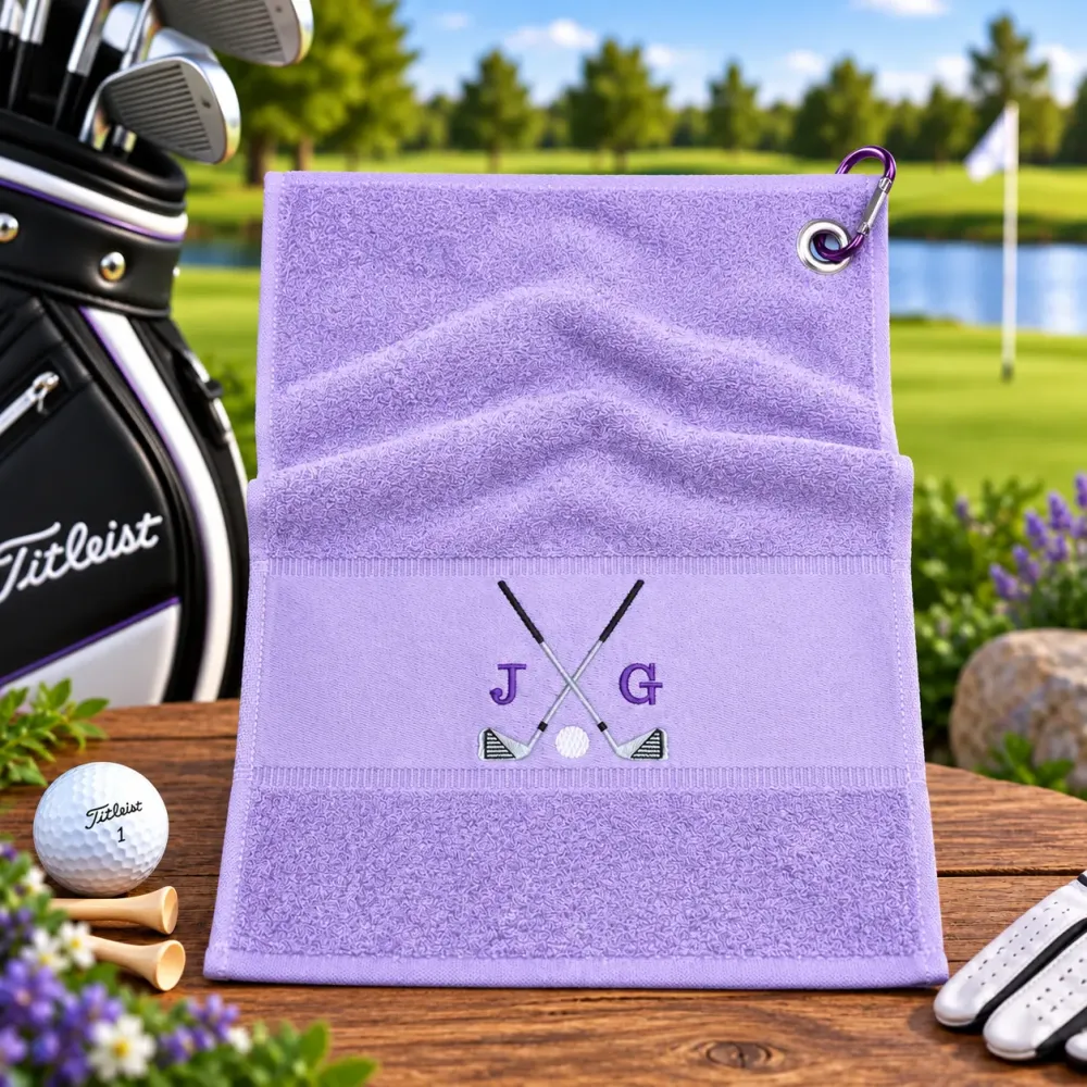 Golfhandtuch Helllila Personalisiert mit Golfmotiv und Initialen