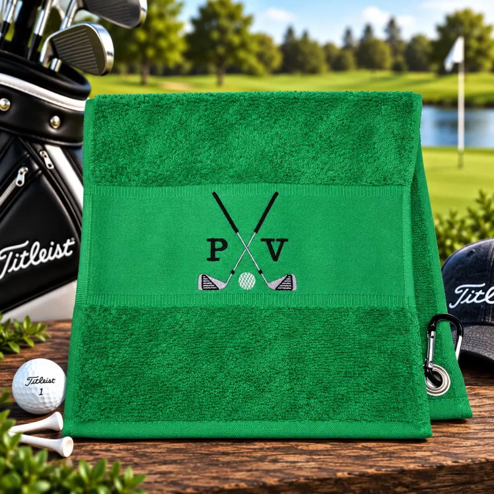 Golfhandtuch Grün Personalisiert mit Golfmotiv und Initialen