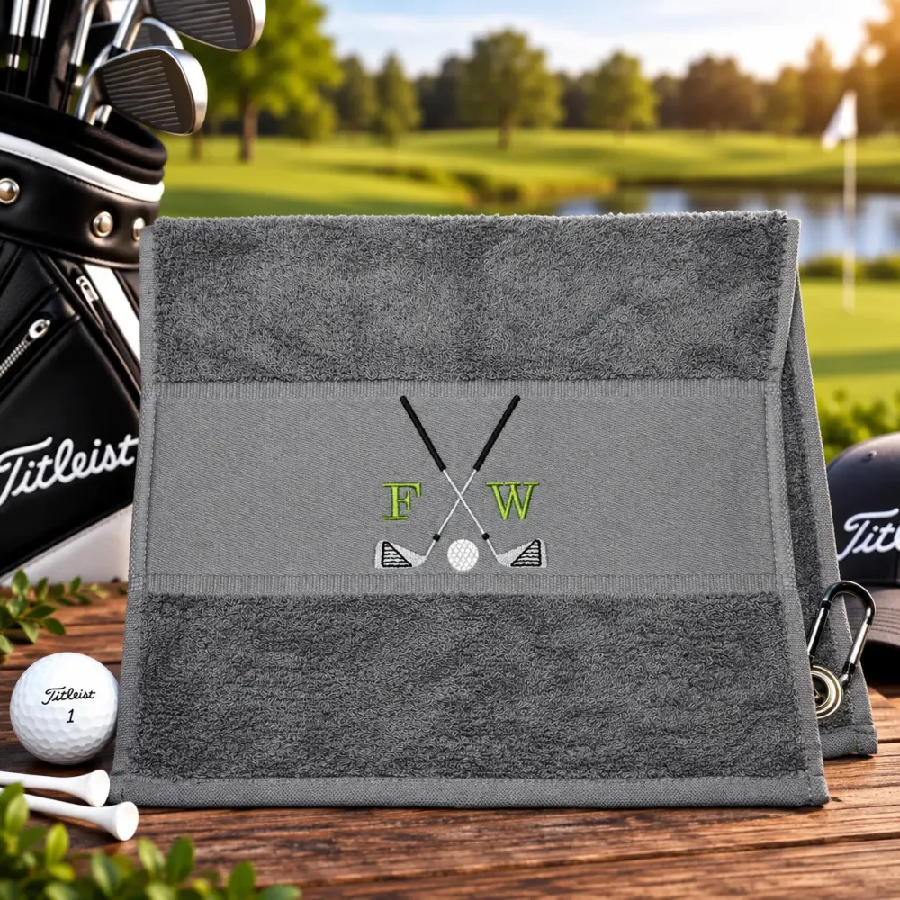 Golfhandtuch Mittelgrau Personalisiert mit Golfmotiv und Initialen