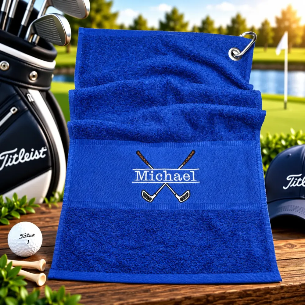 Golfhandtuch Blau Personalisiert mit Golfmotiv und Name