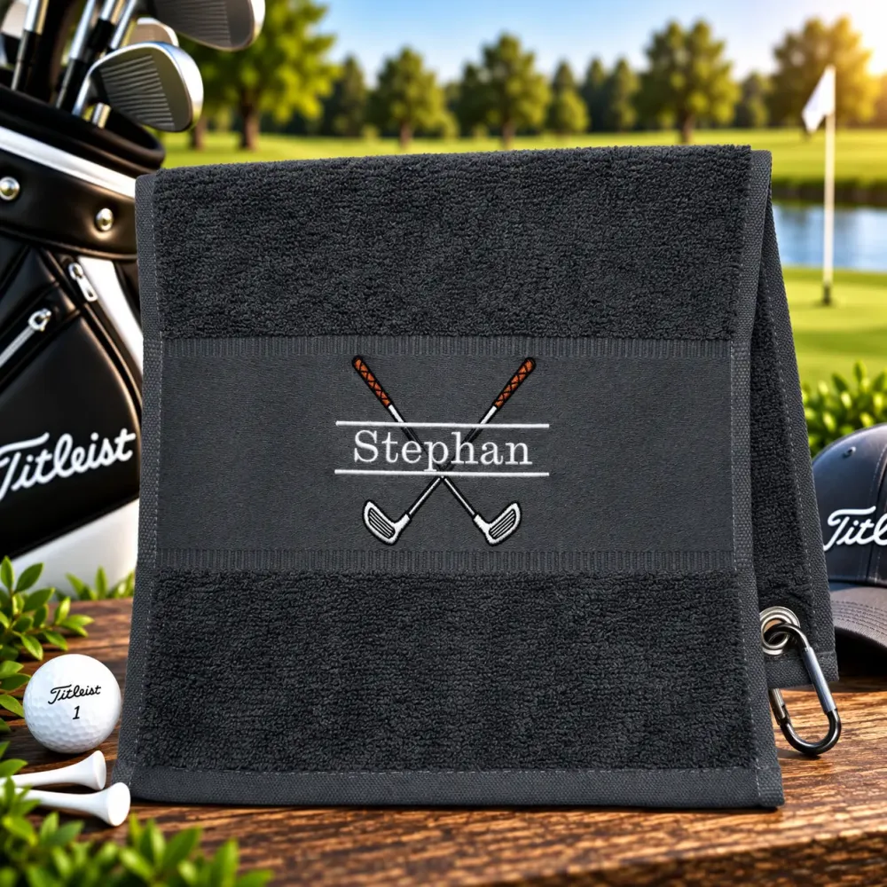 Golfhandtuch Dunkelgrau Personalisiert mit Golfmotiv und Name