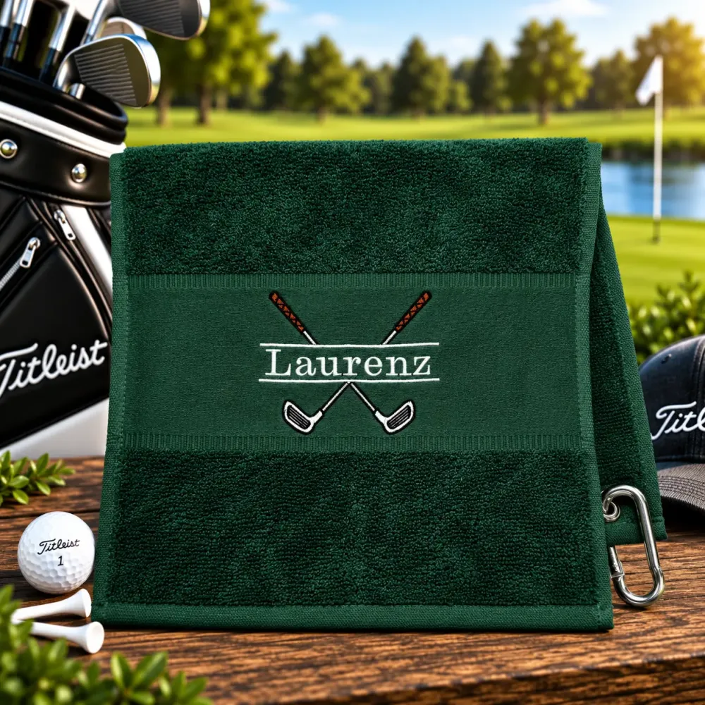 Golfhandtuch Dunkelgrün Personalisiert mit Golfmotiv und Name