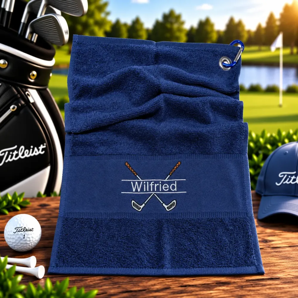 Golfhandtuch Marineblau Personalisiert mit Golfmotiv und Name