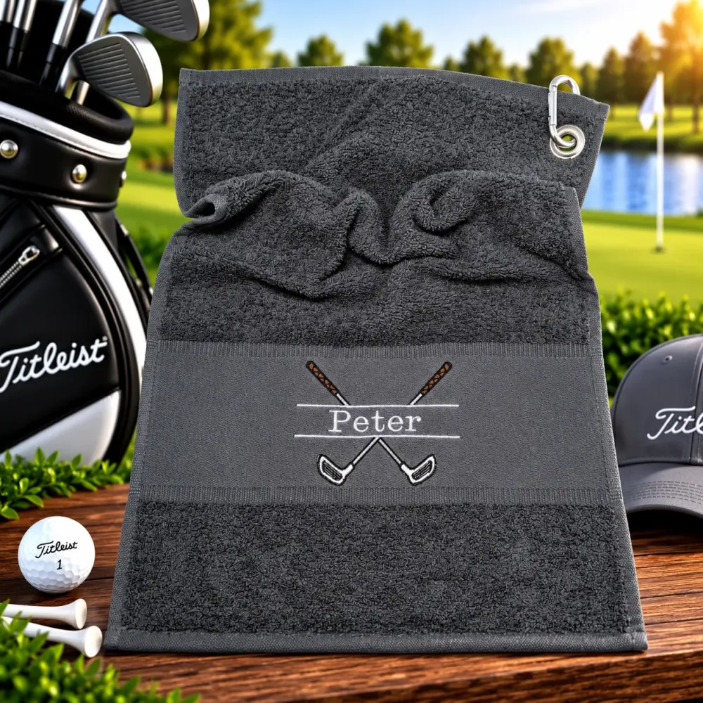 Golfhandtuch Dunkelgrau Personalisiert mit Golfmotiv und Name