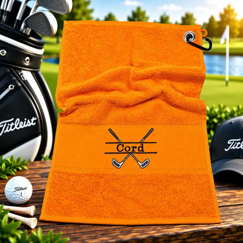 Golfhandtuch Orange Personalisiert mit Golfmotiv und Name