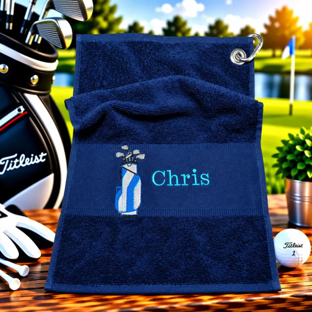 Golfhandtuch Marineblau Personalisiert mit Golftasche und Namen in Türkisblau