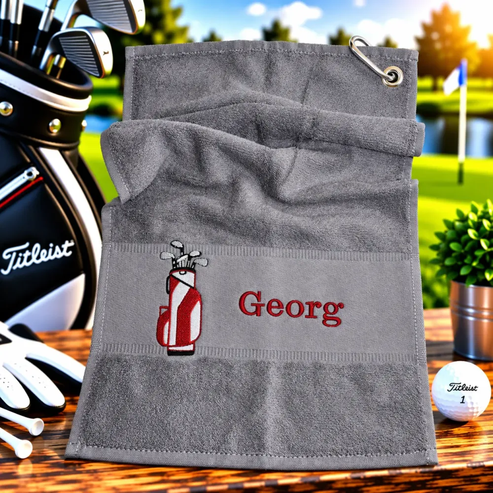 Golfhandtuch Dunkelgrau Personalisiert mit Golftasche und Namen in Dunkelrot