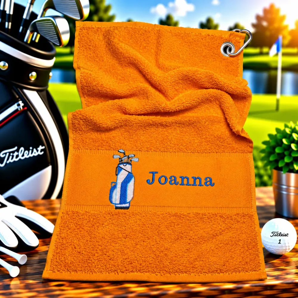 Golfhandtuch Orange Personalisiert mit Golftasche und Namen in Dunkelblau