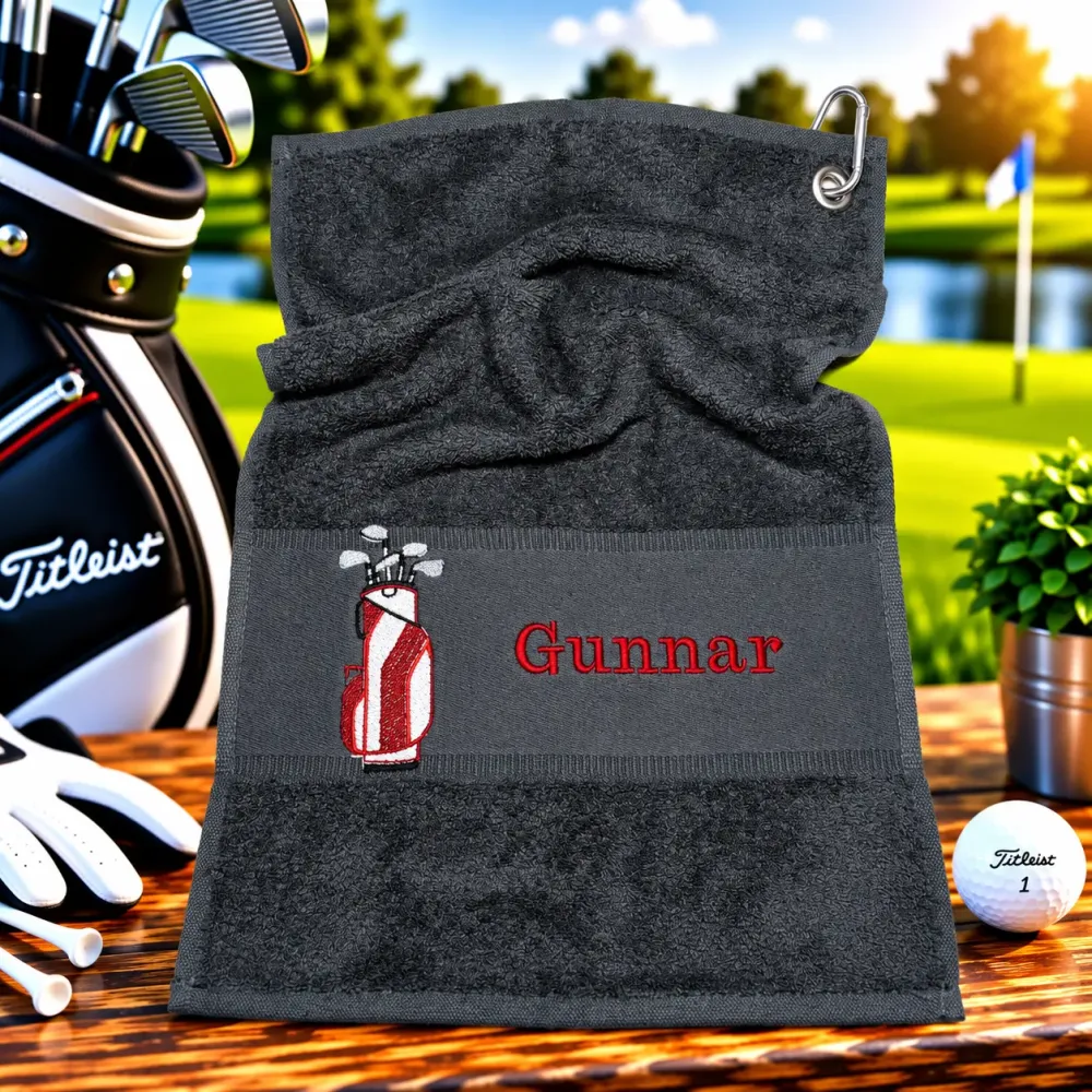 Golfhandtuch Schwarz Personalisiert mit Golftasche und Namen