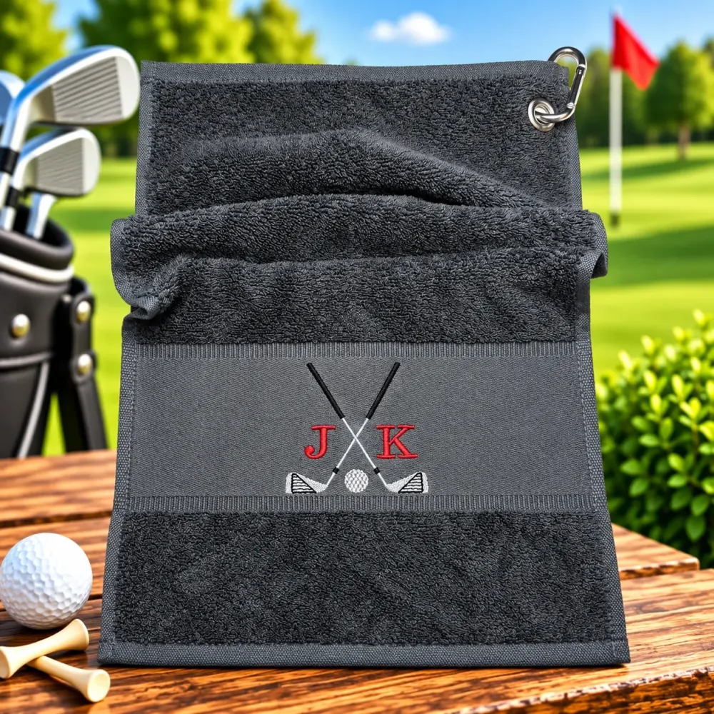 Dunkelgraues Golfhandtuch mit Initialen J K in Dunkelrot und Golfmotiv bestickt