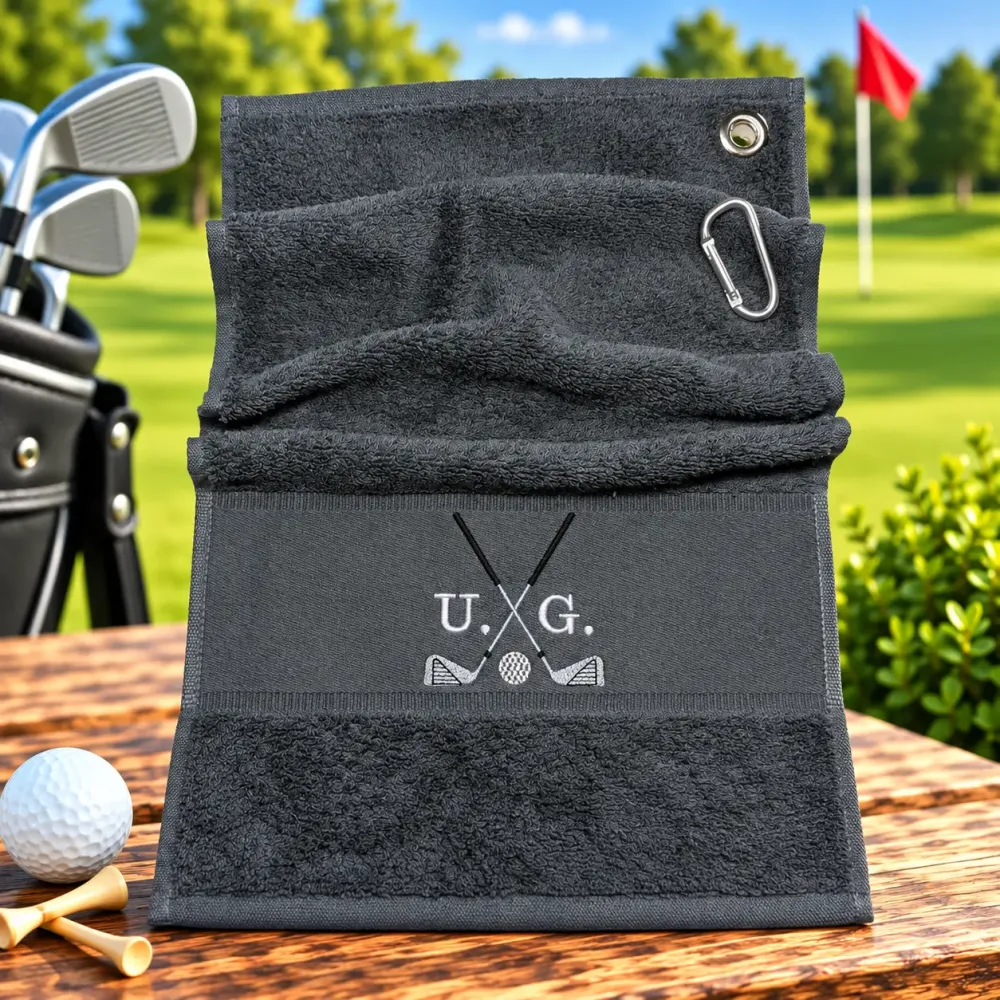 Dunkelgraues Golfhandtuch mit Initialen U. G. in Weiß und Golfmotiv bestickt