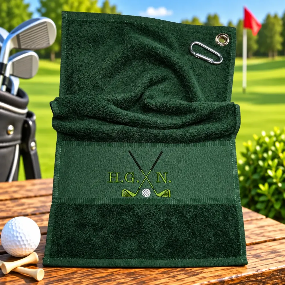 Dunkelgrünes Golfhandtuch mit Initialen H. G. N. und Golfmotiv bestickt
