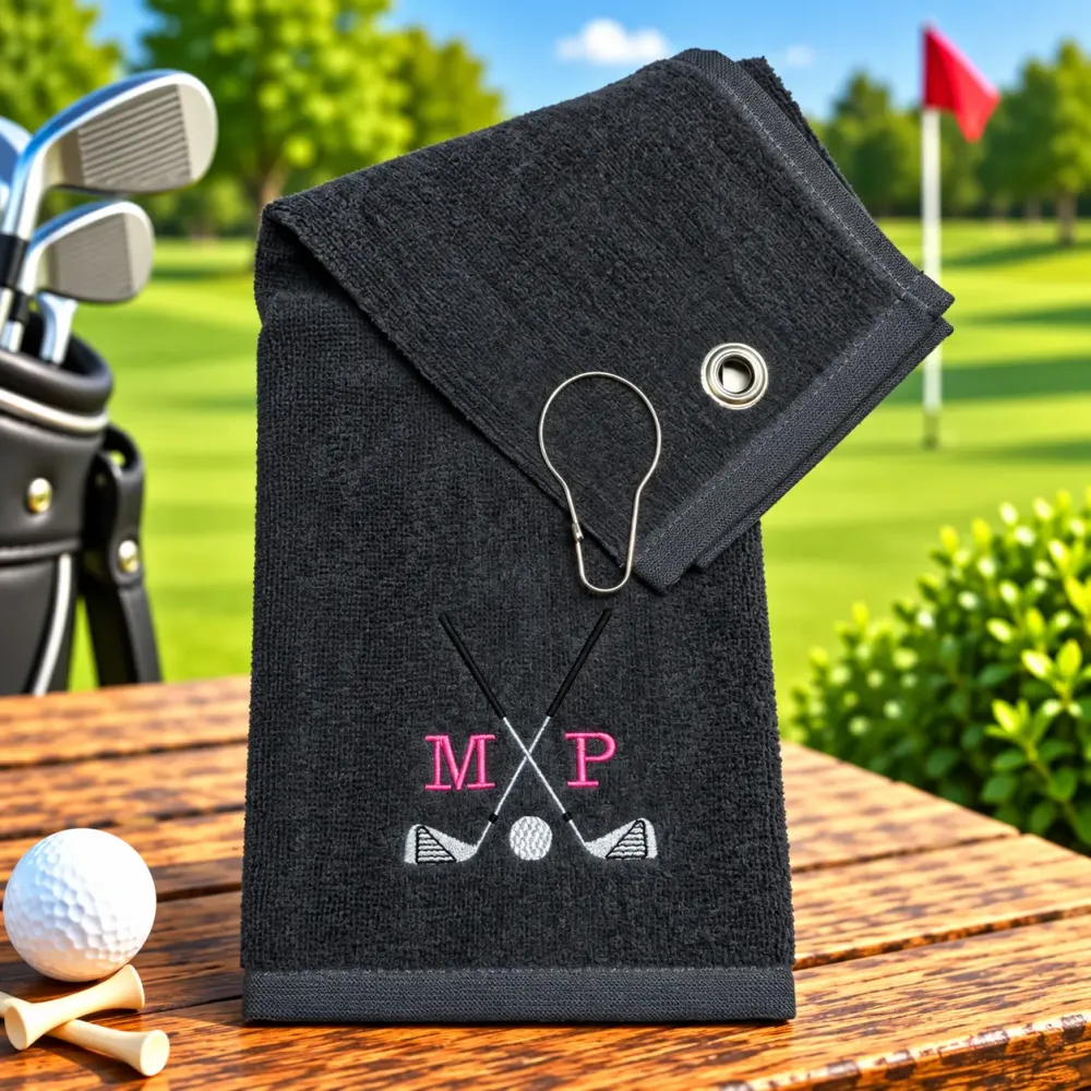 Graues Golfhandtuch mit Initialen M P in Pink bestickt