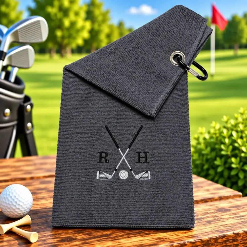 Graues Golfhandtuch mit Initialen R H in Schwarz bestickt