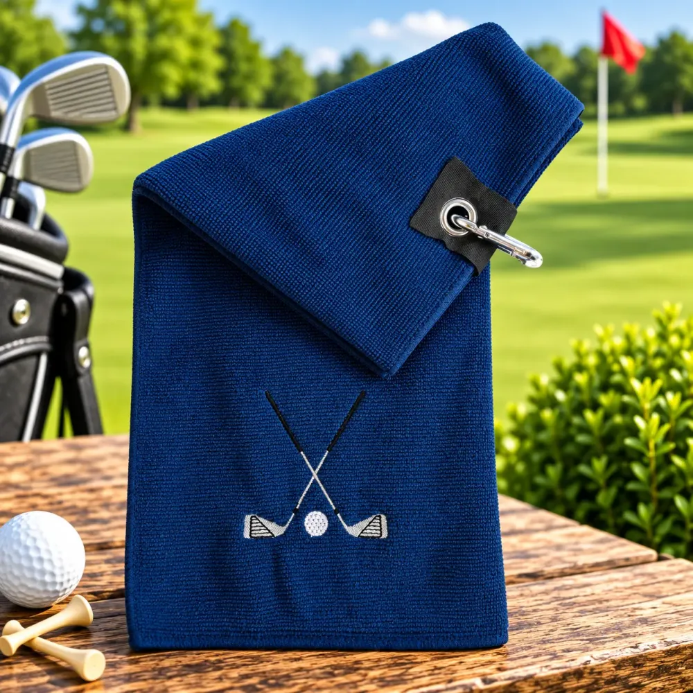 Marineblaues Golfhandtuch mit gesticktem Golfschläger-Motiv