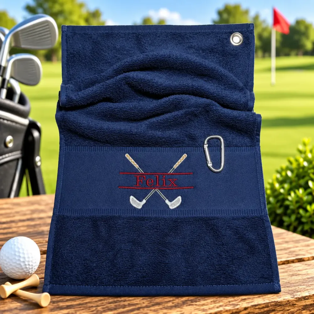 Marineblaues Golfhandtuch mit Name Felix in Dunkelrot und Golfmotiv bestickt  Zusatzbegriffe für interne Suche