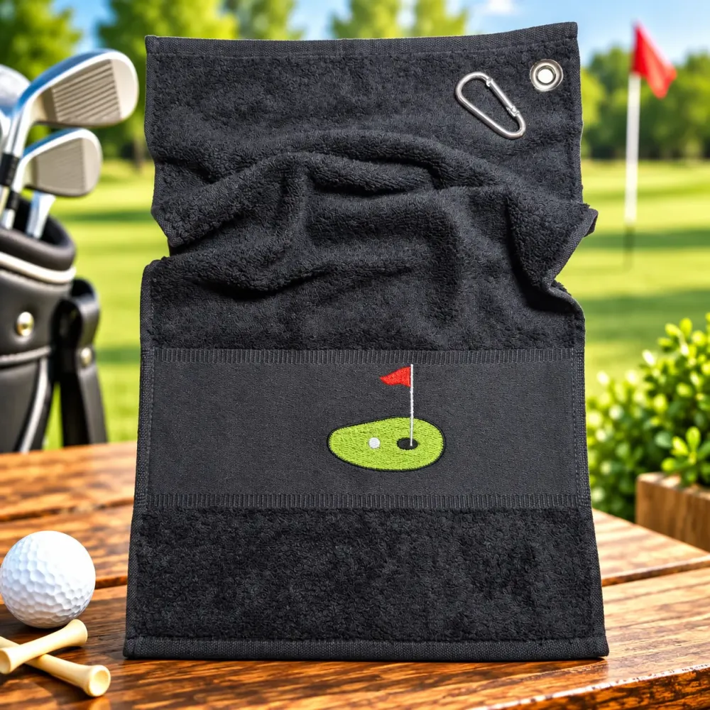 Schwarzes Golfhandtuch mit gesticktem Golfmotiv als Einzelstück