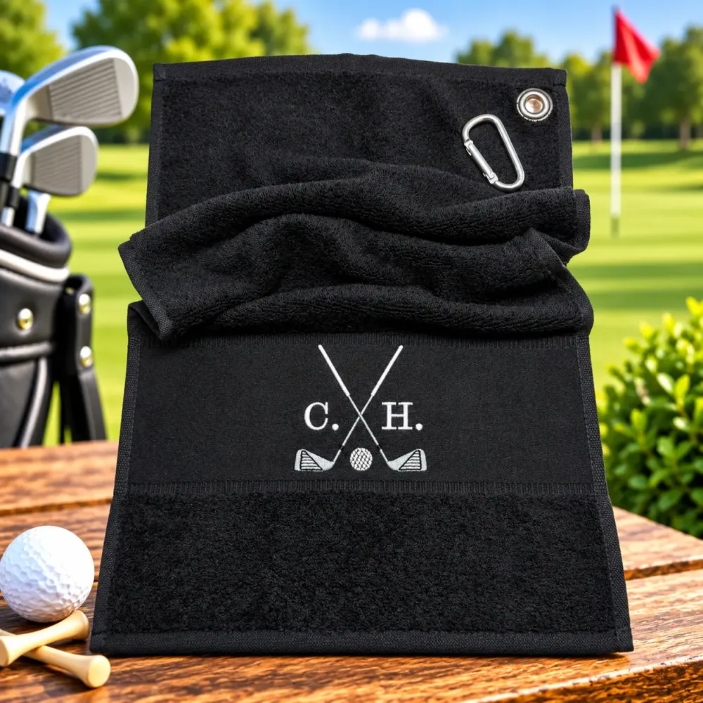 Schwarzes Golfhandtuch mit Initialen C. H. und Golfmotiv bestickt