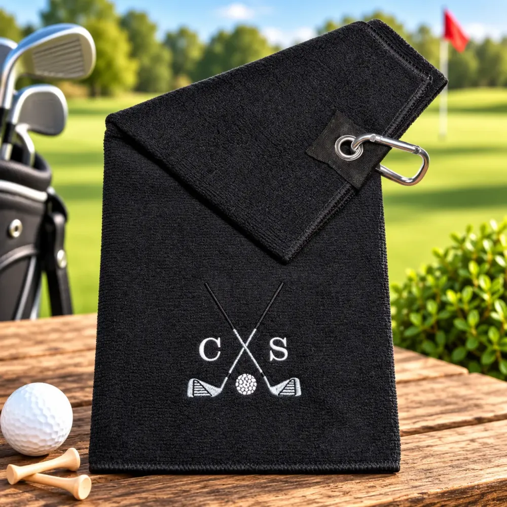 Schwarzes Golfhandtuch mit Initialen C S und Golfmotiv bestickt